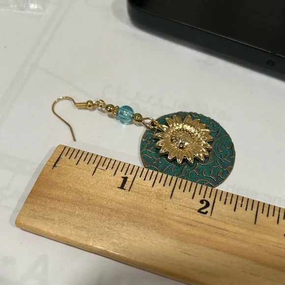 Gold and Blue Sunflower Earrings - Picture 3 of 4